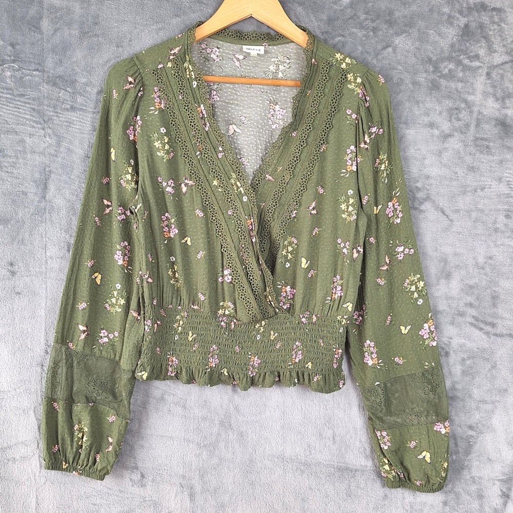 Womens Top Large Green Romantic Floral Lace Crop Forest Fairy Wrap Boho Peasant‎